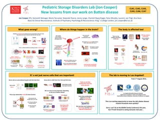 CLN1, CLN2, CLN3,
CLN5, CLN6, CLN7
Pediatric Storage Disorders Lab (Jon Cooper)
New lessons from our work on Batten disease
Jon Cooper (PI), Hemanth Nelvagal, Marta Tarczyluk, Yewande Pearce, Jenny Lange, Charlott Repschlager, Tytus Murphy, Laurent, van Trigt, Ana Assis
Basic & Clinical Neuroscience, Institute of Psychiatry, Psychology & Neuroscience, King’s College London, jon.cooper@kcl.ac.uk
Los Angeles Biomedical Research Institute,
Department of Pediatrics, Harbor-UCLA Medical Center
David Geffen School of Medicine, University of California, Los Angeles
From 1st August 2016…
The lab is moving to Los Angeles!!
Sorry I can’t be at the BDSRA Family Conference this year,
but I’ll look forward to seeing everyone next year…
This is an exciting opportunity to move the lab’s Batten disease
research forwards more quickly!!
What goes wrong?
ProteinDNA
Function?X
Mutation
X
No Protein Disease
Mistakes or mutations in DNA passed on from one generation to the next means
that proteins that have crucial jobs inside cells don’t get made
There is a failed breakdown & recycling of waste = build up of‘STUFF’
X X X
Where do things happen in the brain? The body is affected too!
It’s not just nerve cells that are important!
Do problems
start in
heart itself?
OR: due to
changes
in the brain?
OR: a faulty
connection
between
them?
PERHAPS a combination of
these events?
Studying this in
mice & human BDHow does this
impact walking?
We normally
think of Batten
disease as mostly
affecting the brain
BUT we now know
(surprisingly)
that the spinal cord
has BIG problems too!
Spinal cord problems start early
before they do in the brain
We see this in ALL sorts of Batten disease
(CLN1, CLN2, CLN3, CLN7 so far…)
We are now looking what happens
in the peripheral nervous system
This happens in people
too (not just mice)…
If we treat the cord directly
we can improve pathology
There are also
problems elsewhere
in the body
+
Brain Body
NOT just a disease
of the brain…
Heart problems
CLN1, CLN3
If we know where and how these
problems occur then we
can try to treat them
How does this happen?
??
CLN3, CLN6, CLN7
Even in the brain
not all parts
are affected the same!
Nerve Cells
Glial Support Cells
Billions…
Up to 50 times more!!
Nerve cells are outnumbered by glial cells that help them
Astrocytes
Microglia
Nerve cells
(neurons)
Grow cells in a dish from Cln1, Cln2 and Cln3 mice
We previously only
thought about nerve cells
BUT all may be affected
by Batten disease
Three way relationship crucial for brain function
What is ‘missing’ is
different in each type of BD
How to ‘fix’ this is likely
to be different too..
How things go wrong is likely
to be different…
Infantile BD (CLN1)
Late infantile BD (CLN2)
Enzyme Deficiency
Also: CLN10/CTSD, CLN5?
CAN move from cell to cell
Juvenile BD (CLN3)
Transmembrane Protein
Also: CLN6, CLN7, CLN8
CAN’T move from cell to cell
(stuck inside cells)
Can they still do their
normal jobs?
If glia are sick then
treating them may help
nerve cells too..
?
Some drug combinations
appear to slow the
disease in Cln3 mice?
CLN1 disease
LOTS of early glial activation, BUT
Glia are sick & harm neurons
CLN3 disease
Glial activation early, but ‘get’s stuck’
Glia are sick (in a different way)
& harm neurons
CLN2 disease
Problems are with nerve cells
and glia are relatively ‘OK’?
What effects do glia
have upon neurons?
Glia are more (or less) important, depending
on the sort of Batten disease
We now have new funding to test
more drugs and find more
effective combinations
How these cells
are affected is
surprisingly
different!!
 
