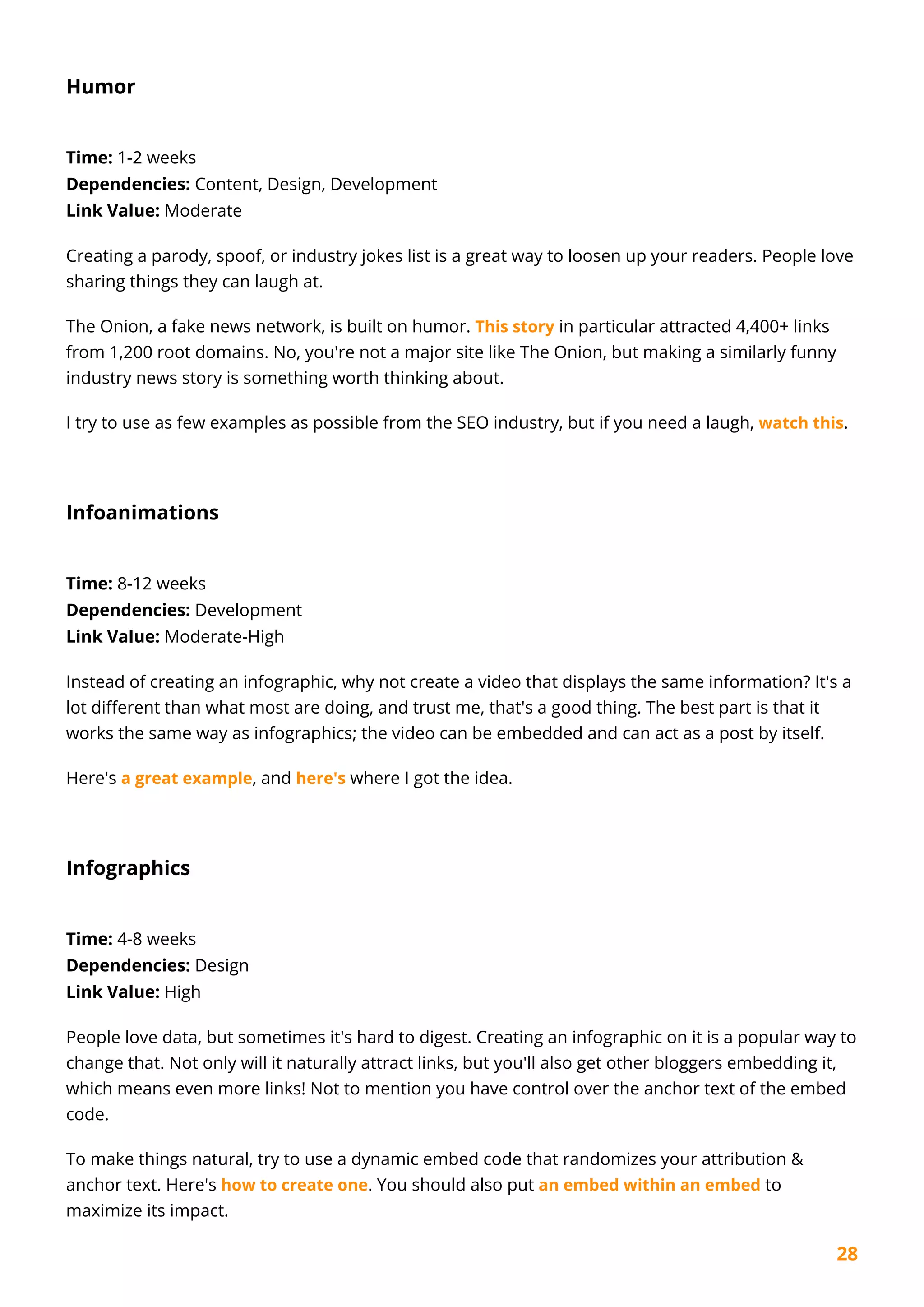 28
Humor
Time: 1-2 weeks
Dependencies: Content, Design, Development
Link Value: Moderate
Creating a parody, spoof, or industry jokes list is a great way to loosen up your readers. People love
sharing things they can laugh at.
The Onion, a fake news network, is built on humor. This story in particular attracted 4,400+ links
from 1,200 root domains. No, you're not a major site like The Onion, but making a similarly funny
industry news story is something worth thinking about.
I try to use as few examples as possible from the SEO industry, but if you need a laugh, watch this.
Infoanimations
Time: 8-12 weeks
Dependencies: Development
Link Value: Moderate-High
Instead of creating an infographic, why not create a video that displays the same information? It's a
lot different than what most are doing, and trust me, that's a good thing. The best part is that it
works the same way as infographics; the video can be embedded and can act as a post by itself.
Here's a great example, and here's where I got the idea.
Infographics
Time: 4-8 weeks
Dependencies: Design
Link Value: High
People love data, but sometimes it's hard to digest. Creating an infographic on it is a popular way to
change that. Not only will it naturally attract links, but you'll also get other bloggers embedding it,
which means even more links! Not to mention you have control over the anchor text of the embed
code.
To make things natural, try to use a dynamic embed code that randomizes your attribution &
anchor text. Here's how to create one. You should also put an embed within an embed to
maximize its impact.
 