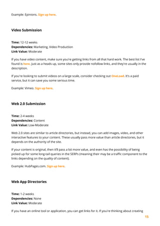 15
Example: Epinions. Sign up here.
Video Submission
Time: 12-12 weeks
Dependencies: Marketing, Video Production
Link Value: Moderate
If you have video content, make sure you're getting links from all that hard work. The best list I've
found is here. Just as a heads up, some sites only provide nofollow links, and they're usually in the
description.
If you're looking to submit videos on a large scale, consider checking out OneLoad. It's a paid
service, but it can save you some serious time.
Example: Vimeo. Sign up here.
Web 2.0 Submission
Time: 2-4 weeks
Dependencies: Content
Link Value: Low-Moderate
Web 2.0 sites are similar to article directories, but instead, you can add images, video, and other
interactive features to your content. These usually pass more value than article directories, but it
depends on the authority of the site.
If your content is original, then it’ll pass a lot more value, and even has the possibility of being
picked up for some long-tail queries in the SERPs (meaning their may be a traffic component to the
links depending on the quality of content).
Example: HubPages.com. Sign up here.
Web App Directories
Time: 1-2 weeks
Dependencies: None
Link Value: Moderate
If you have an online tool or application, you can get links for it. If you're thinking about creating
 