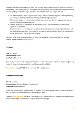 31
Instead of trying to cover news first, see if you can take advantage of currently hot topics through
newsjacking. This is the practice of looking for new & upcoming stories then capitalizing on them by
writing up a blog post on the topic. There's a few different ways you can go about it:
Just the story itself – if it's early on in the story's life, you can basically fake covering it first by
just writing all the known facts about the story & keeping it updated.
With some analysis – if you're not one of the first ones there, then try & give a new spin on
the topic that adds new perspective.
Delayed recap – once it looks like all the details are out, try and write a full recap of it &
capitalize on freshness.
Detailed analysis – once the dust has settled, do a deep dive into everything that's come out,
and analyze each point. Do your research to uncover new, interesting facts that are out there
on the Web, but not tied in with the story yet.
There are a few other post tactics for this, but these are by far the most popular. For a more
detailed review of newsjacking, see this.
Petition
Time: 2-3 weeks
Dependencies: None
Link Value: Moderate
If you and your community are passionate about a certain issue, start a petition. If you can gain any
traction from an industry news site, it could catch on like wildfire.
This petition received 1,100+ links from over 200 root domains.
Printable Resources
Time: 2-3 weeks
Dependencies: Content, Design, Development
Link Value: Moderate-High
People like hard copies of useful guides. By creating a printable resource with an awesome design,
you can almost guarantee a few links will come your way.
Check out this case study (see what I did there?) about how Brian Flores created a printable HTML5
cheat sheet that got shared by the Google Developers G+ page.
 