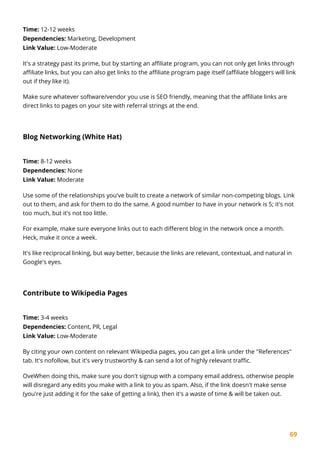 69
Time: 12-12 weeks
Dependencies: Marketing, Development
Link Value: Low-Moderate
It's a strategy past its prime, but by starting an affiliate program, you can not only get links through
affiliate links, but you can also get links to the affiliate program page itself (affiliate bloggers will link
out if they like it).
Make sure whatever software/vendor you use is SEO friendly, meaning that the affiliate links are
direct links to pages on your site with referral strings at the end.
Blog Networking (White Hat)
Time: 8-12 weeks
Dependencies: None
Link Value: Moderate
Use some of the relationships you've built to create a network of similar non-competing blogs. Link
out to them, and ask for them to do the same. A good number to have in your network is 5; it's not
too much, but it's not too little.
For example, make sure everyone links out to each different blog in the network once a month.
Heck, make it once a week.
It's like reciprocal linking, but way better, because the links are relevant, contextual, and natural in
Google's eyes.
Contribute to Wikipedia Pages
Time: 3-4 weeks
Dependencies: Content, PR, Legal
Link Value: Low-Moderate
By citing your own content on relevant Wikipedia pages, you can get a link under the "References"
tab. It's nofollow, but it's very trustworthy & can send a lot of highly relevant traffic.
OveWhen doing this, make sure you don't signup with a company email address, otherwise people
will disregard any edits you make with a link to you as spam. Also, if the link doesn't make sense
(you're just adding it for the sake of getting a link), then it's a waste of time & will be taken out.
 