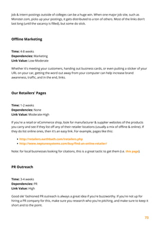 73
Job & intern postings outside of colleges can be a huge win. When one major job site, such as
Monster.com, picks up your postings, it gets distributed to a ton of others. Most of the links don't
last long (until the vacancy is filled), but some do stick.
Offline Marketing
Time: 4-8 weeks
Dependencies: Marketing
Link Value: Low-Moderate
Whether it's meeting your customers, handing out business cards, or even putting a sticker of your
URL on your car, getting the word out away from your computer can help increase brand
awareness, traffic, and in the end, links.
Our Retailers' Pages
Time: 1-2 weeks
Dependencies: None
Link Value: Moderate-High
If you're a retail or eCommerce shop, look for manufacturer & supplier websites of the products
you carry and see if they list off any of their retailer locations (usually a mix of offline & online). If
they do list online ones, then it's an easy link. For example, pages like this:
http://retailers.earthbath.com/iretailers.php
http://www.neptunesystems.com/buy/find-an-online-retailer/
Note: for local businesses looking for citations, this is a great tactic to get them (i.e. this page).
PR Outreach
Time: 3-4 weeks
Dependencies: PR
Link Value: High
Good ole' fashioned PR outreach is always a great idea if you're buzzworthy. If you're not up for
hiring a PR company for this, make sure you research who you're pitching, and make sure to keep it
short and to the point.
 