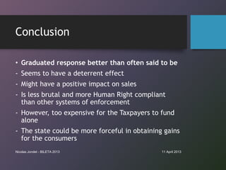 Conclusion

• Graduated response better than often said to be
- Seems to have a deterrent effect
- Might have a positive i...