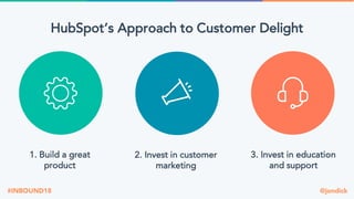@jondick#INBOUND18
1. Build a great
product
2. Invest in customer
marketing
3. Invest in education
and support
HubSpot’s Approach to Customer Delight
 
