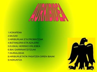 1.KOKAPENA 2.MUGAK 3.HIRIBURUAK ETA PROBINTZIAK 4.BIZTANLERIA ETA AZALERA 5.EUSKAL HERRIKO ERLIEBEA 6.IBAI GARRRANTZITZUAK 7.ISURIALDEAK 8.HIRIBURUETATIK PASATZEN DIREN IBAIAK 9.HIZKUNTZA AURKIBIDEA 