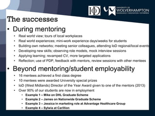 The successes
• During mentoring
• Real world view; tours of local workplaces
• Real world experiences; mini-work experience days/weeks for students
• Building own networks; meeting senior colleagues, attending IoD regional/local events
• Developing new skills; observing role models, mock interview sessions
• Applying learning; revamped CV, more targeted applications
• Reflection; use of PDP, feedback with mentors, review sessions with other mentees
• Beyond mentoring/student employability
• 16 mentees achieved a first class degree
• 10 mentees were awarded University special prizes
• IoD (West Midlands) Director of the Year Award given to one of the mentors (2013)
• Over 90% of our students are now in employment
• Example 1 – Mike on DHL Graduate Scheme
• Example 2 – James on Nationwide Graduate Scheme
• Example 3 – Jessica in marketing role at Advantage Healthcare Group
• Example 4 – Sylwia at Carillion
 