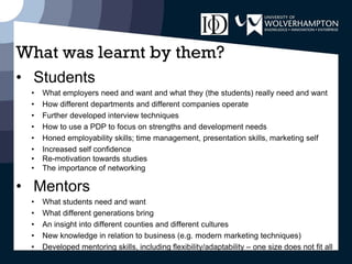 What was learnt by them?
• Students
• What employers need and want and what they (the students) really need and want
• How different departments and different companies operate
• Further developed interview techniques
• How to use a PDP to focus on strengths and development needs
• Honed employability skills; time management, presentation skills, marketing self
• Increased self confidence
• Re-motivation towards studies
• The importance of networking
• Mentors
• What students need and want
• What different generations bring
• An insight into different counties and different cultures
• New knowledge in relation to business (e.g. modern marketing techniques)
• Developed mentoring skills, including flexibility/adaptability – one size does not fit all
 