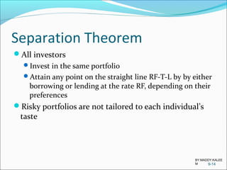 Separation Theorem
All investors
Invest in the same portfolio
Attain any point on the straight line RF-T-L by by either
borrowing or lending at the rate RF, depending on their
preferences
Risky portfolios are not tailored to each individual’s
taste
9-14
BY:MADDY.KALEE
M
 
