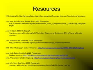 Resources
1998. Infographic. http://www.dallasheritagevillage.org/VirtualTour.aspx, American Association of Museums.

, and Anne Anne Burgess. Burgess Anne. 2009. Photograph.
     http://commons.wikimedia.org/wiki/File:Potential_Plums_-_geograph.org.uk_-_1271575.jpg, Geograph
     project .

, and First Last. 2008. Photograph.
     http://commons.wikimedia.org/wiki/File:Indian_Attack_on_a_Settlement_BAH-p73.png, wikimedia
     commons.

, and Trovatore Last. Trovatore . 2006. Photograph.
     http://commons.wikimedia.org/wiki/File:HumberFebruary.jpg, wikimedia commons.

2005-2010. Photograph. Cattle in the snow, http://www.imageenvision.com/sm/0003-0707-0709-1026.jpg.

, and Linda Oaks. Oaks Linda. 2011. Photograph.
     Pics4learning.com, http://pics4learning.com/details.php?img=stagecoach12.jpg.
1872. Photograph. lofcabinvillage.org, http://www.logcabinvillage.org/tour-marineschool.html.

, and John Steel. Steel John. 2009. Photograph.
     commons.wikimedia.org, http://commons.wikimedia.org/wiki/File:Lumber_Mill.jpg.
 