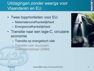 Uitdagingen zonder weerga voor
Vlaanderen en EU

• Twee topprioriteiten voor EU:
      – Materialenonafhankelijkheid
      – Energieonafhankelijkheid
• Transitie naar een lage-C, circulaire
  economie
      – Transitie op energetisch vlak
      – Transitie naar duurzaam
        materialenbeheer (SMM)




16/12/2011           20 jaar MINA (Jones, K.U.Leuven/ELFM C)   4
 