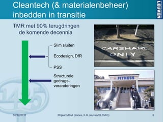 Cleantech (& materialenbeheer)
inbedden in transitie
TMR met 90% terugdringen
  de komende decennia

              Slim sluiten

              Ecodesign, DfR

              PSS

              Structurele
              gedrags-
              veranderingen




16/12/2011      20 jaar MINA (Jones, K.U.Leuven/ELFM C)   6
 