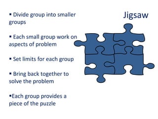 Divide group into smaller   Jigsaw
groups

 Each small group work on
aspects of problem

 Set limits for each group

 Bring back together to
solve the problem

Each group provides a
piece of the puzzle
 