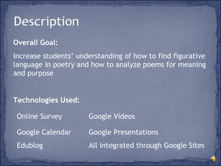 Overall Goal:  Increase students’ understanding of how to find figurative language in poetry and how to analyze poems for meaning and purpose Technologies Used: Online Survey Google Videos Google Calendar Google Presentations Edublog All integrated through Google Sites 