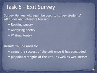 Survey Monkey will again be used to survey students’ attitudes and interests towards: Reading poetry Analyzing poetry Writing Poetry Results will be used to:  gauge the success of the unit once it has concluded pinpoint strengths of the unit, as well as weaknesses 
