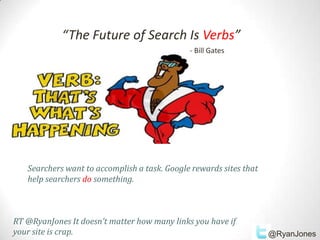 “The Future of Search Is Verbs”
                                              - Bill Gates




   Searchers want to accomplish a task. Google rewards sites that
   help searchers do something.



RT @RyanJones It doesn’t matter how many links you have if
your site is crap.                                                  @RyanJones
 