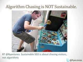 Algorithm Chasing is NOT Sustainable.




RT @RyanJones Sustainable SEO is about chasing visitors,
not algorithms
                                                           @RyanJones
 