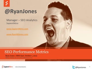 @RyanJones
 Manager – SEO Analytics
 SapientNitro

 www.SapientNitro.com

 www.RyanMJones.com




SEO Performance Metrics
Ryan Jones | SMX East. October 1, 2012
Slides Online at www.RyanMJones.com




                                                      1
                                         @RyanJones
 