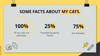 SOME FACTS ABOUT MY CATS.
Traveled by plane.
Twice!
Of my cats are
adorable.
100% 25% 75%
Are females.
 