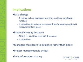 Implications<br />Managers’ focus shifts from activities to deliverables<br />Allows time for attention on “overview” rath...