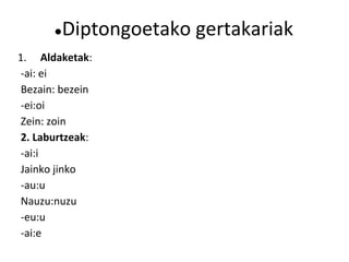 ●Diptongoetako gertakariak
1. Aldaketak:
 -ai: ei
 Bezain: bezein
 -ei:oi
 Zein: zoin
 2. Laburtzeak:
 -ai:i
 Jainko jinko
 -au:u
 Nauzu:nuzu
 -eu:u
 -ai:e
 