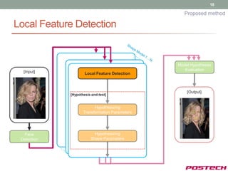 18

                                                   Proposed method

Local Feature Detection


                                                Model Hypotheses
  [Input]                                          Evaluation
                     Local Feature Detection



                                                    [Output]
             [Hypothesis-and-test]


                          Hypothesizing
                    Transformation Parameters




   Face                   Hypothesizing
 Detection              Shape Parameters
 