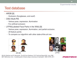 44

                                                                                                               Experimental results

     Test database
     • ARDB [8]
         • Occlusion (Sunglasses, and scarf)
     • CMU Multi-PIE
         • Various pose, expression, illumination
         • For artificial occlusion
     • LFPW(Labeled Face Parts in the Wild) [9]
         • Various pose, expression, illumination, and partial occlusion.
         • 29 feature points
         • To compare our algorithm with other state-of-the art one




                           AR DB                                                                        LFPW
[8] A.M. Martinez and R. Benavente. The AR Face Database. CVC Technical Report #24, June 1998
[9] P. Belhumeur, et al., “Localizing parts of faces using a concensus of exemplars”, IEEE CVPR, 2011
 