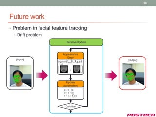 58




Future work
• Problem in facial feature tracking
  • Drift problem
                                  Iterative Update



                                Appearance
                                   Error
                      arg minE AAM I n , A,p, α 
   [Input]                                             [Output]
                          p,α


                                      -           
                                  Update
                                parameters
                                p  p  p
                                α  α  α
                                x  x0   pi si




                                 Condition
 