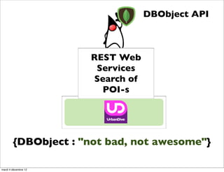 DBObject API



                      REST Web
                       Services
                      Search of
                        POI-s




        {DBObject : "not bad, not awesome"}

mardi 4 décembre 12
 