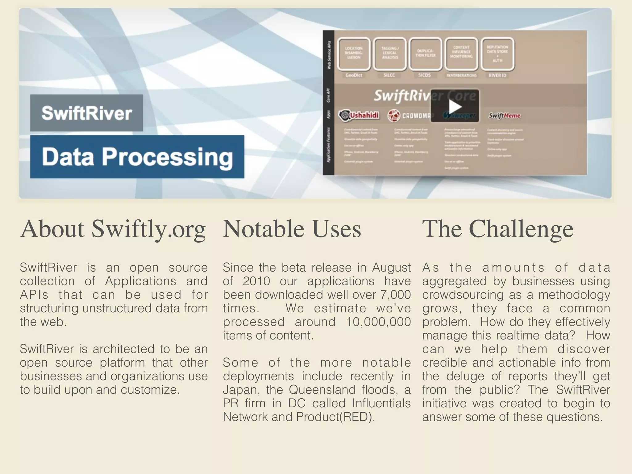 About Swiftly.org Notable Uses                                                The Challenge
SwiftRiver is an open source         Since the beta release in August         As the amounts of data
collection of Applications and       of 2010 our applications have            aggregated by businesses using
APIs that can be used for            been downloaded well over 7,000          crowdsourcing as a methodology
structuring unstructured data from   times.     We estimate we’ve             grows, they face a common
the web.                             processed around 10,000,000              problem. How do they effectively
                                     items of content.                        manage this realtime data? How
SwiftRiver is architected to be an                                            can we help them discover
open source platform that other      S o m e o f t h e m o re n o t a b l e   credible and actionable info from
businesses and organizations use     deployments include recently in          the deluge of reports they’ll get
to build upon and customize.         Japan, the Queensland floods, a          from the public? The SwiftRiver
                                     PR firm in DC called Influentials        initiative was created to begin to
                                     Network and Product(RED).                answer some of these questions.
 