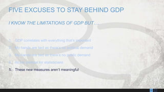 1311
1. GDP correlates with everything that’s important
2. My hands are tied as there’s no political demand
3. My hands are tied as there’s no public demand
4. Its too political for statisticians
5. These new measures aren’t meaningful
FIVE EXCUSES TO STAY BEHIND GDP
I KNOW THE LIMITATIONS OF GDP BUT….
 