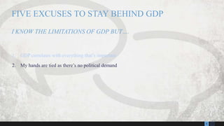 135
1. GDP correlates with everything that’s important
2. My hands are tied as there’s no political demand
FIVE EXCUSES TO STAY BEHIND GDP
I KNOW THE LIMITATIONS OF GDP BUT….
 
