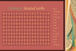 Activity : located verbs KILL WONDER LIVE IMAGINE DIE CAN TRY NEED BE LIVING HOPE JOIN SAY SHARING W D A I L L I K T D Y K F P J O I N O U V E I U M Z O I S A Y M B P C L N H P F V B P B T H N B C L H A Y B D I L U E S R S H A R I N G S L F J E Y F J V A K E H P Z R J V M I N A R D E N I M A G I N E K F D K V Y K U Z C M O Y Z C S E Y B D H I I S E J D I E H Y E M G E T O B Z S N A P Z R U E T R C R E D F N E V O G V O C A N J C T I O D M S I R A T L N H 