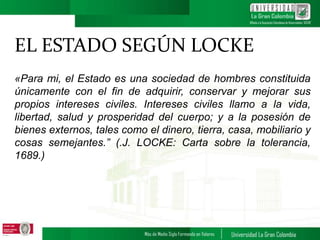 EL ESTADO SEGÚN LOCKE
«Para mi, el Estado es una sociedad de hombres constituida
únicamente con el fin de adquirir, conservar y mejorar sus
propios intereses civiles. Intereses civiles llamo a la vida,
libertad, salud y prosperidad del cuerpo; y a la posesión de
bienes externos, tales como el dinero, tierra, casa, mobiliario y
cosas semejantes.” (.J. LOCKE: Carta sobre la tolerancia,
1689.)
 