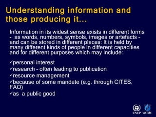 Understanding information and those producing it... Information in its widest sense exists in different forms -  as words, numbers, symbols, images or artefacts – and can be stored in different places: It is held by many different kinds of people in different capacities and for different purposes which may include: personal interest research – often leading to publication resource management because of some mandate (e.g. through CITES, FAO) as  a public good 