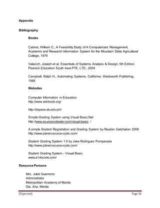 [Type text] Page 36
Appendix
Bibliography
Books
Cabros, William C., A Feasibility Study of A Computerized Management,
Academic and Research Information System for the Mountain State Agricultural
College, 1979
Valacich, Joseph et al, Essentials of Systems Analysis & Design, 5th Edition,
Pearson Education South Asia PTE. LTD., 2004
Campbell, Ralph H., Automating Systems, California: Wadsworth Publishing,
1986
Websites
Computer Information in Education
http://www.wikibook.org/
http://dspace.slu.edu.ph/
Simple Grading System using Visual Basic.Net
http://www.sourcecodester.com/visual-basic /
A simple Student Registration and Grading System by Reydan Gatchalian 2006
http://www.planet-source-code.com/
Student Grading System 1.0 by Jake Rodriguez Pomperada
http://www.planet-source-code.com/
Student Grading System - Visual Basic
www.a1vbcode.com/
Resource Persons
Mrs. Juliet Guerremo
Administrator
Metropolitan Academy of Manila
Sta. Ana, Manila
 