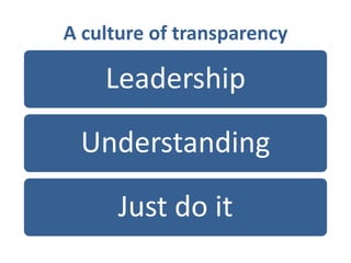 A culture of transparency
Leadership
Understanding
Just do it
 