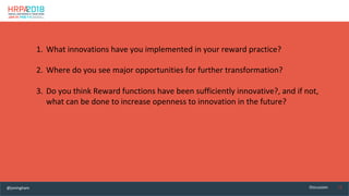 12	Discussion	
1.  What	innovations	have	you	implemented	in	your	reward	practice?	
2.  Where	do	you	see	major	opportunitie...