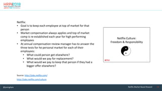 14	Netflix	Market	Based	Reward	
Netflix:	
•  Goal	is	to	keep	each	employee	at	top	of	market	for	that	
person	
•  Market	co...