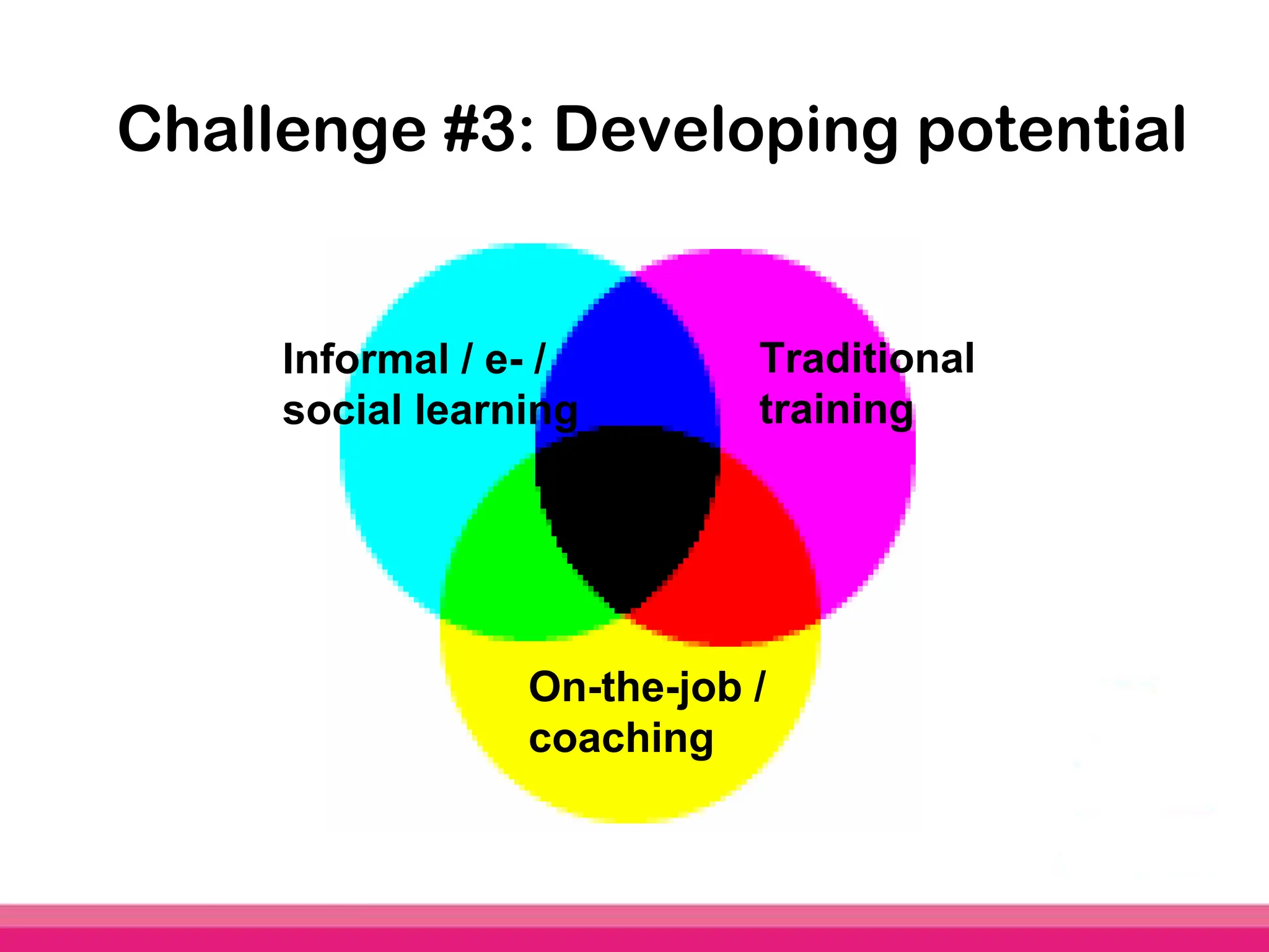 Challenge #3: Developing potential


     Informal / e- /        Traditional
     social learning        training




                 On-the-job /
                 coaching
 