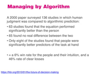 Managing by Algorithm
https://hbr.org/2010/01/the-future-of-decision-making
A 2000 paper surveyed 136 studies in which hum...