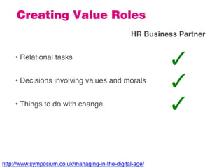 HR Business Partner
• Relational tasks
• Decisions involving values and morals
• Things to do with change
	
  
Creating Va...