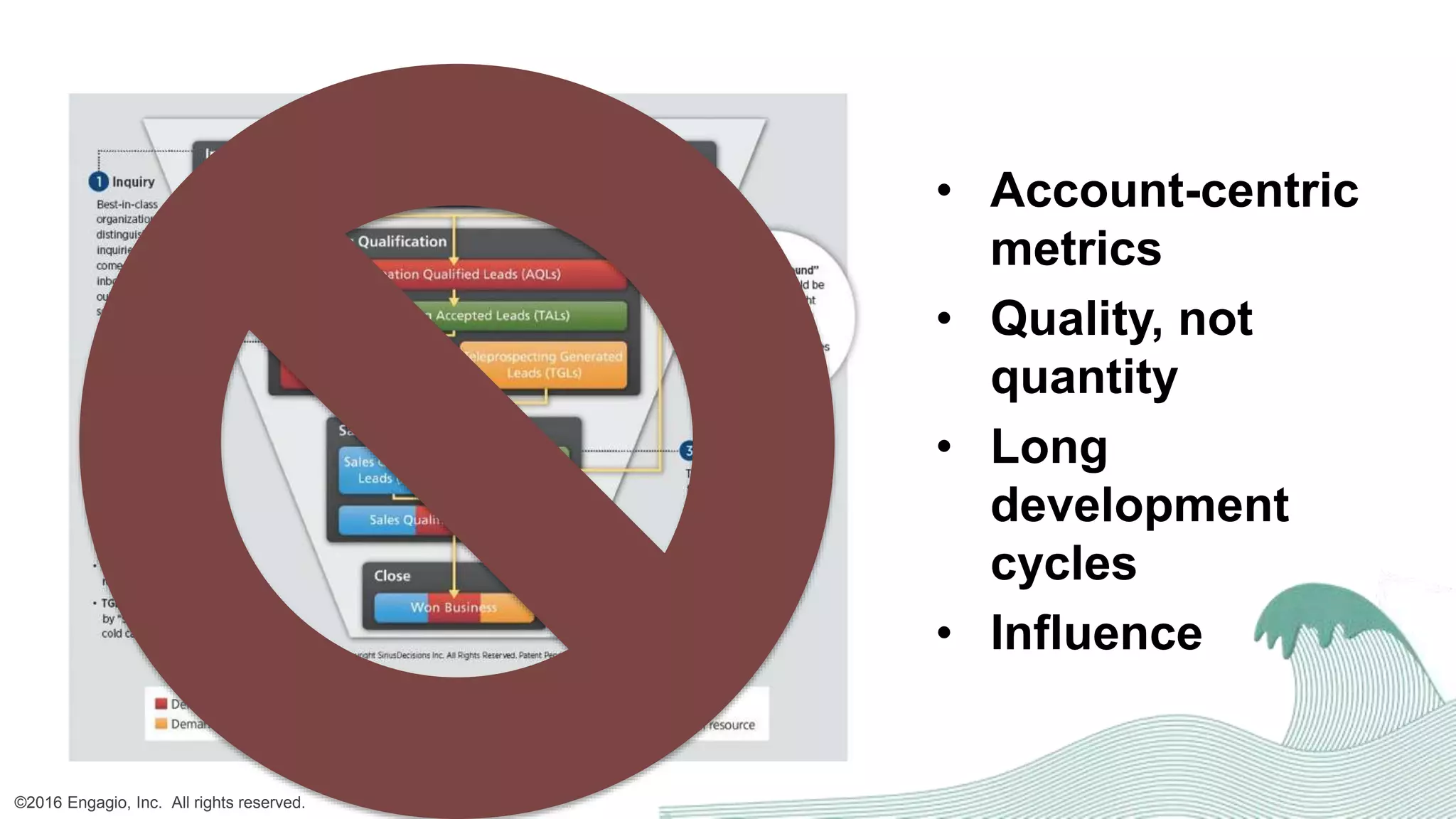 ©2016 Engagio, Inc. All rights reserved.
• Account-centric
metrics
• Quality, not
quantity
• Long
development
cycles
• Influence