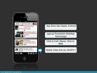App Store Ads (Apple, Android)


                                        apprupt PocketAds (WebApp
                                                Technology)

                                        Click-to-Call (-Back), Click-to-
                                                     SMS

                                        Mobile Video Ads (by Q3/2011)




© 2011 apprupt GmbH • www.apprupt.com
 