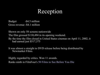 Reception Budget  -$4.5 million  Gross revenue -$4.1 million Shown on only 58 screens nationwide  The film grossed $110,494 in its opening weekend.  By the time the film closed in United States cinemas on April 11, 2002, it had earned just $517,375  It was almost a straight to DVD release before being distributed by Newmarket Films.  Highly regarded by critics. Won 11 awards. Ranks ninth in FilmFour's  50 Films to See Before You Die   