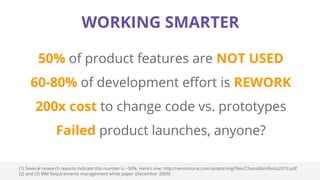 WORKING SMARTER
50% of product features are NOT USED
60-80% of development effort is REWORK
200x cost to change code vs. prototypes
Failed product launches, anyone?
(1) Several research reports indicate this number is ~50%. Here’s one: http://versionone.com/assets/img/files/ChaosManifesto2013.pdf
(2) and (3) IBM Requirements management white paper (December 2009)