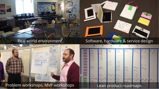 Lean product roadmaps
Software, hardware & service design
Problem workshops, MVP workshops
Real world environment