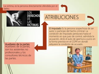 Auxiliares de la partes
Auxiliares de la partes,
son los asistentes no
profesionales y los
consultores técnicos de
las partes.
La víctima, es la persona directamente ofendida por el
delito.
El Imputado Es la persona sospechosa de ser
autor o participe del hecho criminal. La
condición de imputado perdurará hasta el
momento en que juez de control, admitida la
acusación, dicte el auto de apertura a juicio en
la forma prevista en el COPP
, en donde
adquiere la condición de acusado.
ATRIBUCIONES
 