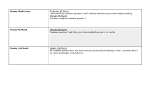 Monday 30th February Wednesday 4th March
I have started my evaluation questions 1 and 2 and have sent them to my teacher ready for marking.
Thursday 5th March
Now have completed evaluation question 3.
Monday 9th March Thursday 6th March
Evaluation questions 5 and 6 have now been completed and sent to my teacher.
Monday 16th March Monday 16th March
All evaluation questions have now been sent to my teacher and marked ready so that I can convert them to
my chosen technologies in the half term.
 