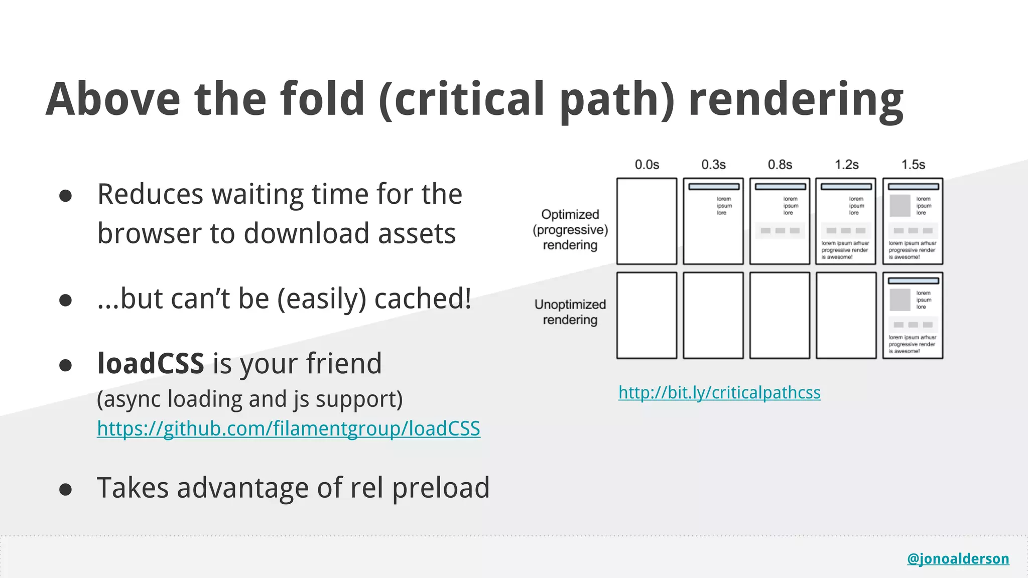 @jonoalderson
Above the fold (critical path) rendering
● Reduces waiting time for the
browser to download assets
● ...but can’t be (easily) cached!
● loadCSS is your friend
(async loading and js support)
https://github.com/filamentgroup/loadCSS
● Takes advantage of rel preload
http://bit.ly/criticalpathcss
 