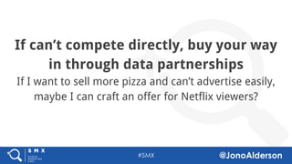 @jonoalderson
Build hub-and-spoke models
Your website/platform is one output of a central API service.
What else can you do?
Where can you integrate?
 